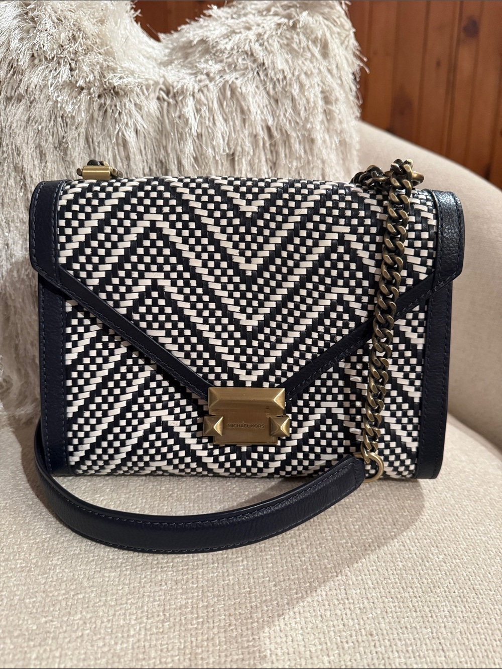 Michael Kors Black & White Woven Chevron Crossbody with Antique Gold Chain